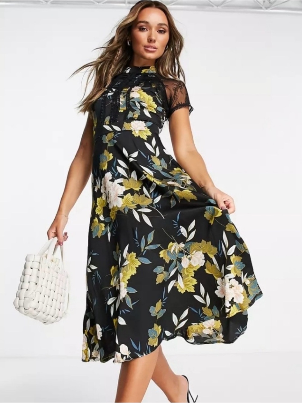 Liquors Floral Lace-Trim Midi Dress in Black NWT